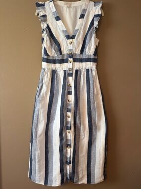 J. Crew Point Sur Linen Striped Ruffle Dress Navy White Coastal Casual Size 4